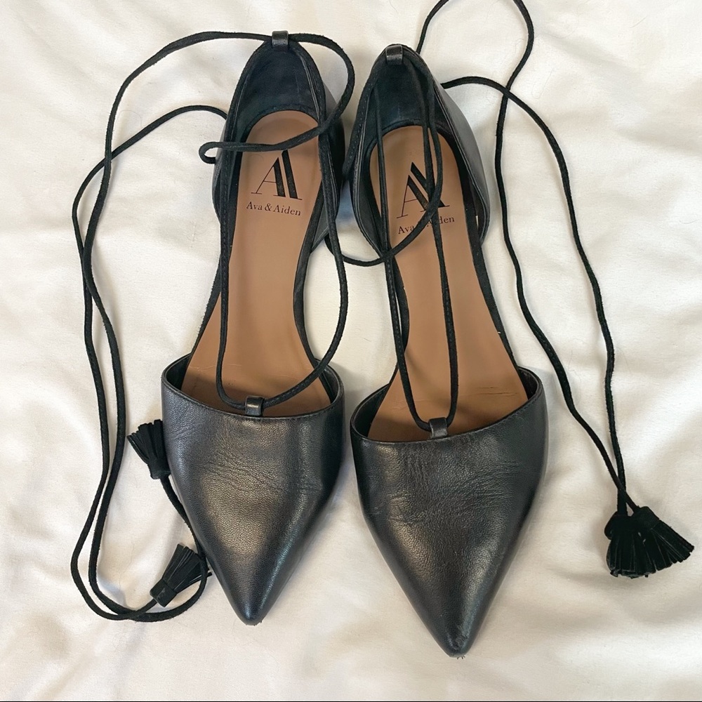 Ava and Aiden Black Leather D’Orsay Lace Up Flats. Meghan Markle look alike
